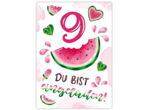 Minkocards 12 Einladungskarten zum 9. Kindergeburtstag Mädchen Wassermelone Einladung neunte Geburtstag Mädchengeburtstag Geburtstagseinladungen von Minkocards