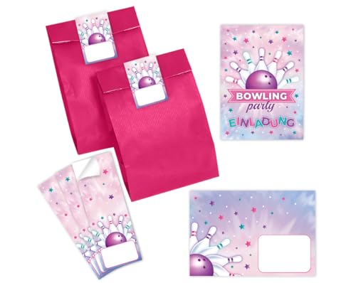 Minkocards 12 Einladungskarten zum Kindergeburtstag Bowling Kegeln Bowling-Party Mädchen Einladung Mädchengeburtstag incl. 12 Umschläge, 12 Partytüten/pink, 12 Aufkleber von Minkocards