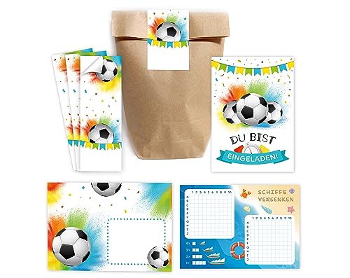 Minkocards 12 Einladungskarten zum Kindergeburtstag Junge Fußball Fussball incl. 12 Umschläge, 12 Partytüten/natur, 12 Aufkleber, 12 Schiffe versenken Einladungsset von Minkocards