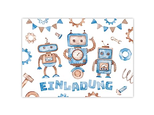 Minkocards 12 Einladungskarten zum Kindergeburtstag Junge Roboter Einladungen zum Geburtstag Kinder bunte Geburtstagseinladungen von Minkocards