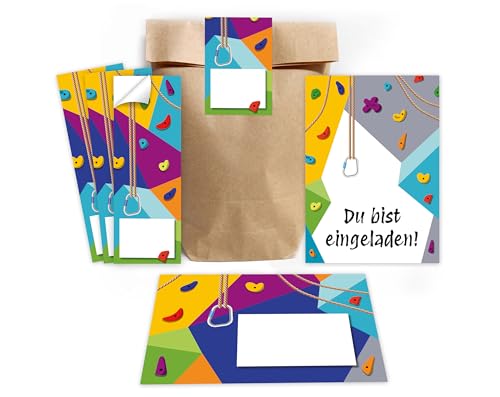 Minkocards 12 Einladungskarten zum Kindergeburtstag Klettern Bouldern Mädchen Jungen Einladung Jungsgeburtstag Mädchengeburtstag incl. 12 Umschläge, 12 Partytüten/natur, 12 Aufkleber von Minkocards