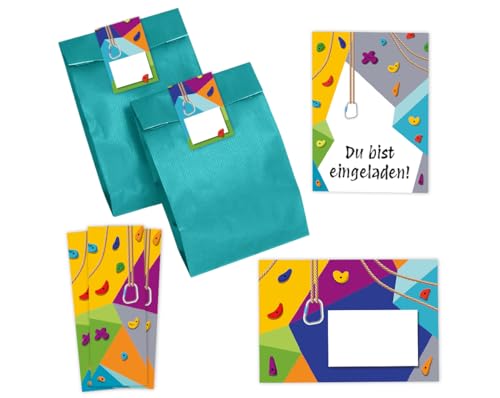 Minkocards 12 Einladungskarten zum Kindergeburtstag Klettern Bouldern Mädchen Jungen Einladung Jungsgeburtstag Mädchengeburtstag incl. 12 Umschläge, 12 Partytüten/petrol, 12 Aufkleber, 12 Lesezeichen von Minkocards