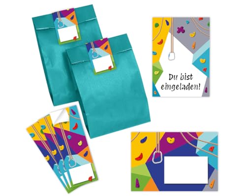 Minkocards 12 Einladungskarten zum Kindergeburtstag Klettern Bouldern Mädchen Jungen Einladung Jungsgeburtstag Mädchengeburtstag incl. 12 Umschläge, 12 Partytüten/petrol, 12 Aufkleber von Minkocards