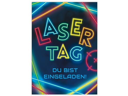 Minkocards 12 Einladungskarten zum Kindergeburtstag Lasertag Laser Tag bunt Mädchen Jungen Einladungen zum Geburtstag Kinder bunte Geburtstagseinladungen von Minkocards