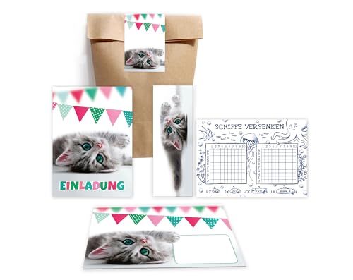 Minkocards 12 Einladungskarten zum Kindergeburtstag Mädchen Jungen Katze bunte Einladung Geburtstag Kinder incl. 12 Umschläge, 12 Tüten/natur, 12 Aufkleber, 12 Lesezeichen, 12 Schiffe versenken von Minkocards