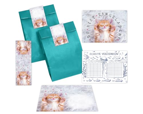 Minkocards 12 Einladungskarten zum Kindergeburtstag Mädchen Katze Einladungen zum Mädchengeburtstag incl. 12 Umschläge, 12 Partytüten/petrol, 12 Aufkleber, 12 Lesezeichen, 12 Schiffe versenken von Minkocards