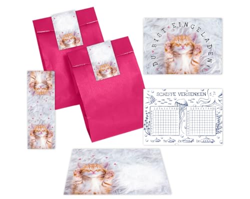 Minkocards 12 Einladungskarten zum Kindergeburtstag Mädchen Katze Einladungen zum Mädchengeburtstag incl. 12 Umschläge, 12 Partytüten/pink, 12 Aufkleber, 12 Lesezeichen, 12 Schiffe versenken von Minkocards