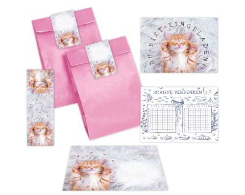 Minkocards 12 Einladungskarten zum Kindergeburtstag Mädchen Katze Einladungen zum Mädchengeburtstag incl. 12 Umschläge, 12 Partytüten/rosa, 12 Aufkleber, 12 Lesezeichen, 12 Schiffe versenken von Minkocards