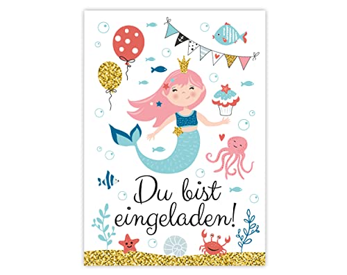 Minkocards 12 Einladungskarten zum Kindergeburtstag Mädchen Meerjungfrau Einladungen zum Geburtstag Kinder bunte Geburtstagseinladungen von Minkocards