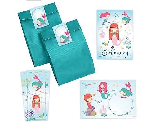 Minkocards 12 Einladungskarten zum Kindergeburtstag Mädchen Meerjungfrau incl. 12 Umschläge, 12 Partytüten/petrol, 12 Aufkleber, 12 Lesezeichen Einladungsset von Minkocards