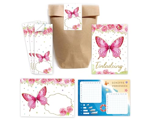 Minkocards 12 Einladungskarten zum Kindergeburtstag Mädchen Schmetterling coole bunte Einladung Geburtstag Kinder incl. 12 Umschläge, 12 Tüten/natur, 12 Aufkleber, 12 Schiffe versenken von Minkocards