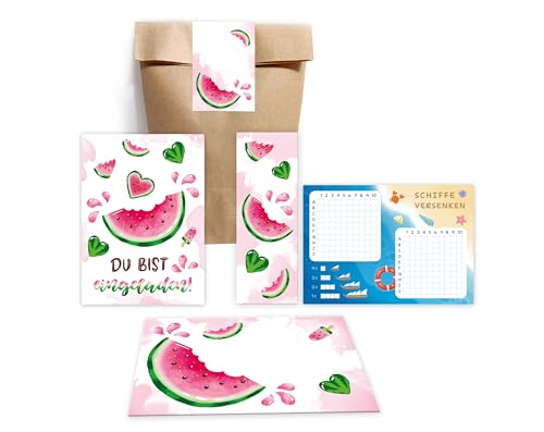 Minkocards 12 Einladungskarten zum Kindergeburtstag Wassermelone Mädchen Mädchengeburtstag incl. 12 Umschläge, 12 Partytüten/natur, 12 Aufkleber, 12 Lesezeichen, 12 Schiffe versenken von Minkocards