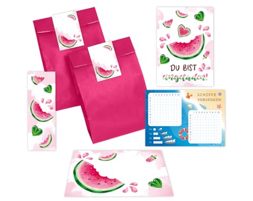 Minkocards 12 Einladungskarten zum Kindergeburtstag Wassermelone Mädchen Mädchengeburtstag incl. 12 Umschläge, 12 Partytüten/pink, 12 Aufkleber, 12 Lesezeichen, 12 Schiffe versenken von Minkocards