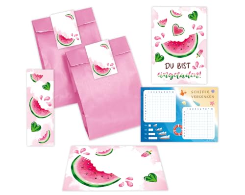 Minkocards 12 Einladungskarten zum Kindergeburtstag Wassermelone Mädchen Mädchengeburtstag incl. 12 Umschläge, 12 Partytüten/rosa, 12 Aufkleber, 12 Lesezeichen, 12 Schiffe versenken von Minkocards