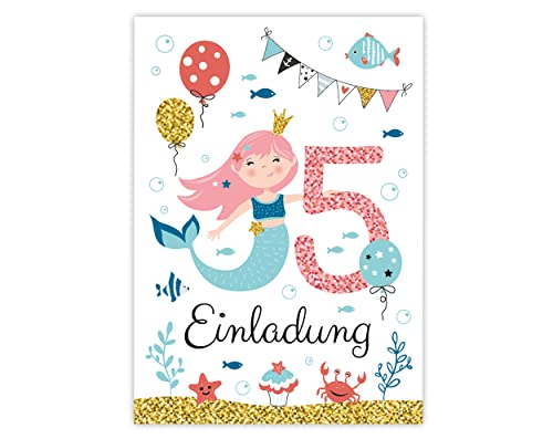 Minkocards 12 Einladungskarten zum fünften Kindergeburtstag 5. Geburtstag Mädchen Meerjungfrau Einladungen zum Geburtstag Kinder bunte Geburtstagseinladungen von Minkocards