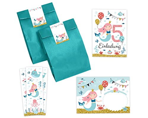 Minkocards 12 Einladungskarten zum fünften Kindergeburtstag 5. Geburtstag Mädchen Meerjungfrau incl. 12 Umschläge, 12 Partytüten/petrol, 12 Aufkleber, 12 Lesezeichen Einladungsset von Minkocards