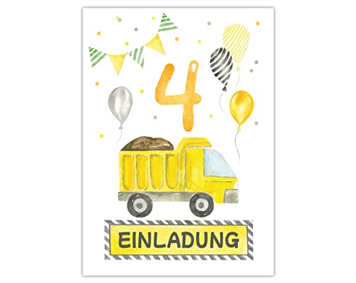 Minkocards 12 Einladungskarten zum vierten Kindergeburtstag 4. Geburtstag Jungen Jungs Baustelle Einladungen zum Geburtstag Kinder bunte Geburtstagseinladungen von Minkocards