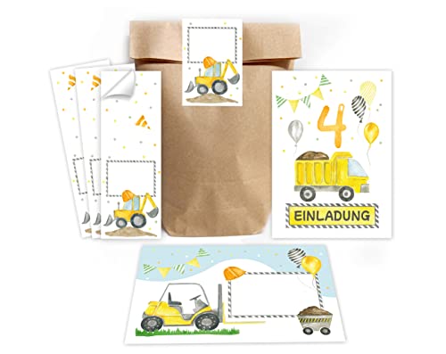 Minkocards 12 Einladungskarten zum vierten Kindergeburtstag 4. Geburtstag Jungen Jungs Baustelle incl. 12 Umschläge, 12 Partytüten/natur, 12 Aufkleber Einladungsset von Minkocards