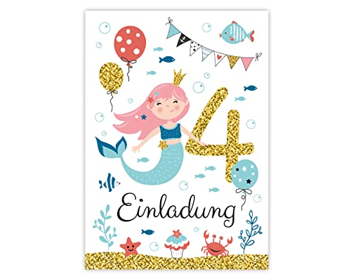 Minkocards 12 Einladungskarten zum vierten Kindergeburtstag 4. Geburtstag Mädchen Meerjungfrau Einladungen zum Geburtstag Kinder bunte Geburtstagseinladungen von Minkocards