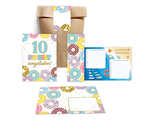 Minkocards 12 Einladungskarten zum zehnten Kindergeburtstag 10. Geburtstag Mädchen Donuts incl. 12 Umschläge, 12 Partytüten/natur, 12 Aufkleber, 12 Lesezeichen, 12 Schiffe versenken Einladungsset von Minkocards