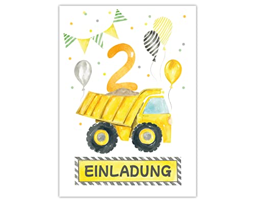 Minkocards 12 Einladungskarten zum zweiten Kindergeburtstag 2. Geburtstag Jungen Jungs Baustelle Einladungen zum Geburtstag Kinder bunte Geburtstagseinladungen von Minkocards