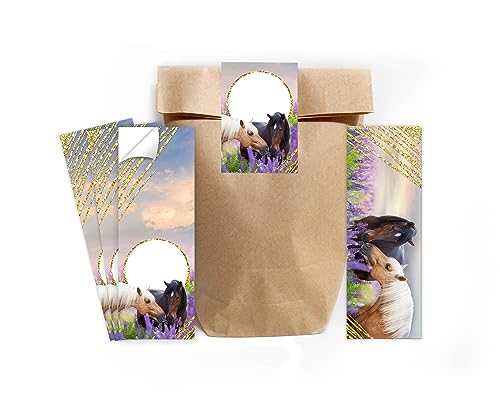 Minkocards 12 Lesezeichen + 12 Geschenktüten (Natur) + 12 Aufkleber Zwei Pferde Mitgebselset Gastgeschenke für Kindergeburtstag Mädchengeburtstag von Minkocards