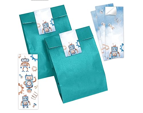 12 Lesezeichen + 12 Geschenktüten (petrol) + 12 Aufkleber Roboter Mitgebselset Gastgeschenke für Kindergeburtstag Jungsgeburtstag von Minkocards