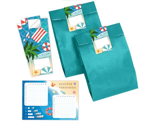 Minkocards 12 Schiffe versenken + 12 Geschenktüten (Petrol) + 12 Aufkleber Schwimmbad Pool-Party Mitgebsel für Mädchen Jungen Gastgeschenke für Kindergeburtstag Jungengeburtstag Mädchengeburtstag von Minkocards