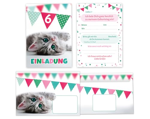 Minkocards 6 Einladungskarten incl. 6 Umschläge zum 6. Kindergeburtstag Mädchen Jungen Katze Einladungen sechste Geburtstag Kinder Mädchengeburtstag Jungsgeburtstag von Minkocards