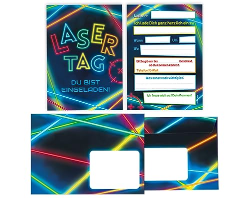 Minkocards 6 Einladungskarten incl. 6 Umschläge zum Kindergeburtstag Lasertag Laser Tag bunt Mädchen Jungen Einladungen zum Geburtstag Kinder Einladungsset von Minkocards