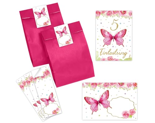 Minkocards 6 Einladungskarten zum 5. Kindergeburtstag Mädchen Schmetterling Einladungen fünfte Geburtstag Kinder incl. 6 Umschläge, 6 Partytüten/pink, 6 Aufkleber von Minkocards