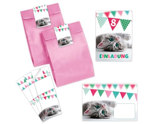 Minkocards 6 Einladungskarten zum 8. Kindergeburtstag Mädchen Jungen Katze Einladungen achte Geburtstag Kinder incl. 6 Umschläge, 6 Partytüten/rosa, 6 Aufkleber von Minkocards