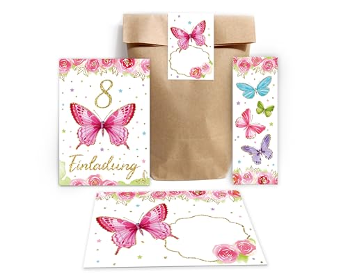 Minkocards 6 Einladungskarten zum 8. Kindergeburtstag Mädchen Schmetterling Einladungen achte Geburtstag Kinder incl. 6 Umschläge, 6 Partytüten/natur, 6 Aufkleber, 6 Lesezeichen von Minkocards