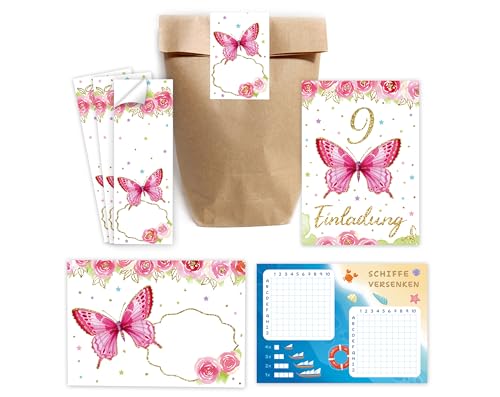 Minkocards 6 Einladungskarten zum 9. Kindergeburtstag Mädchen Schmetterling Einladungen neunte Geburtstag Kinder incl. 6 Umschläge, 6 Tüten/natur, 6 Aufkleber, 6 Schiffe versenken von Minkocards