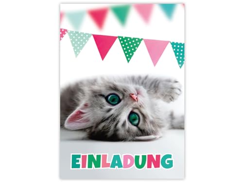 Minkocards 6 Einladungskarten zum Kindergeburtstag Mädchen Jungen Katze coole bunte Einladungen Geburtstag Kinder Mädchengeburtstag Jungsgeburtstag von Minkocards