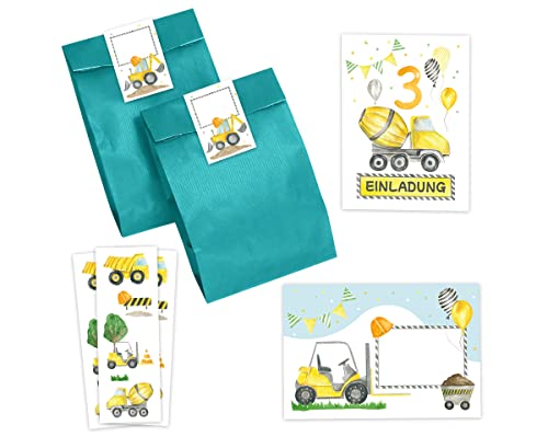 Minkocards 6 Einladungskarten zum dritten Kindergeburtstag 3. Geburtstag Jungen Jungs Baustelle incl. 6 Umschläge, 6 Partytüten/petrol, 6 Aufkleber, 6 Lesezeichen Einladungsset von Minkocards