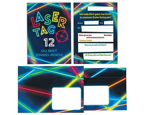 Minkocards 8 Einladungskarten incl. 8 Umschläge zum 12. Kindergeburtstag Lasertag Laser Tag bunt Mädchen Jungen Einladungen zum zwölften Geburtstag Kinder Einladungsset von Minkocards