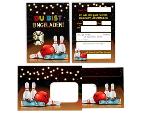 Minkocards 8 Einladungskarten incl. 8 Umschläge zum 9. Kindergeburtstag Kegeln Bowling Mädchen Jungen Einladungen neunte Geburtstag Kinder Einladungsset von Minkocards