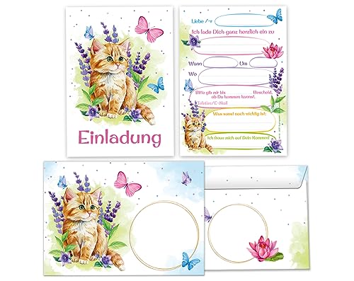 Minkocards 8 Einladungskarten incl. 8 Umschläge zum Kindergeburtstag Mädchen Katze Kätzchen Einladungen zum Geburtstag Kinder Einladungsset von Minkocards