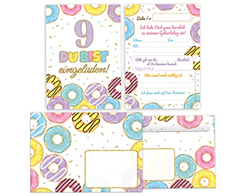 Minkocards 8 Einladungskarten incl. 8 Umschläge zum neunten Kindergeburtstag 9. Geburtstag Mädchen Donuts bunte Einladungen zum Geburtstag Kinder Einladungsset von Minkocards