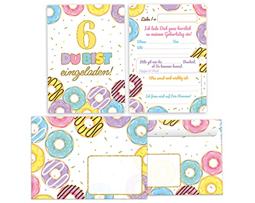 Minkocards 8 Einladungskarten incl. 8 Umschläge zum sechsten Kindergeburtstag 6. Geburtstag Mädchen Jungen Donuts bunte Einladungen zum Geburtstag Kinder Einladungsset von Minkocards