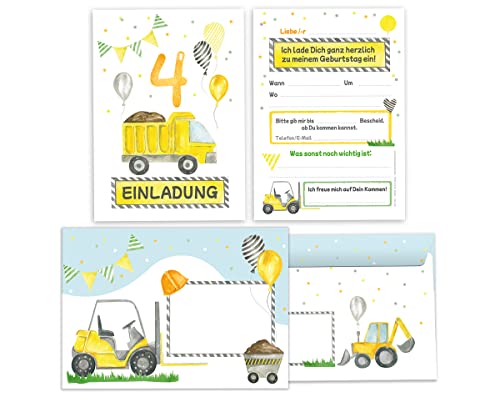 Minkocards 8 Einladungskarten incl. 8 Umschläge zum vierten Kindergeburtstag 4. Geburtstag Jungen Baustelle Jungs bunte Einladungen zum Geburtstag Kinder Einladungsset von Minkocards