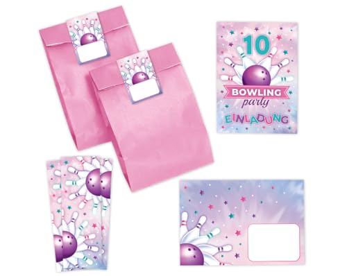 Minkocards 8 Einladungskarten zum 10. Kindergeburtstag Bowling Mädchen Bowling-Party Einladungen zehnte Mädchengeburtstag incl. 8 Umschläge, 8 Partytüten/rosa, 8 Aufkleber, 8 Lesezeichen von Minkocards