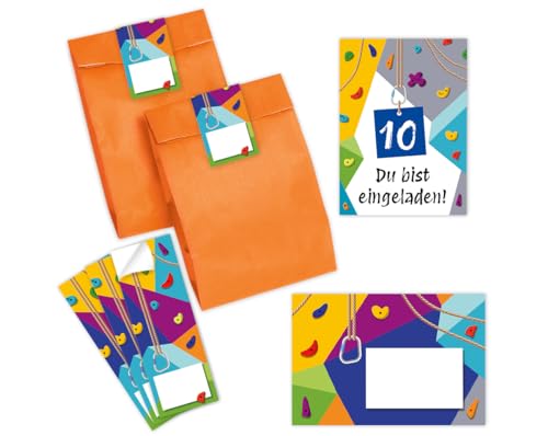 Minkocards 8 Einladungskarten zum 10. Kindergeburtstag Klettern Bouldern Mädchen Jungen Einladungen zehnte Geburtstag incl. 8 Umschläge, 8 Partytüten/orange, 8 Aufkleber von Minkocards