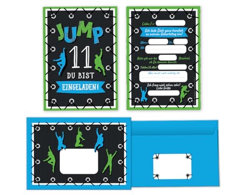 Minkocards 8 Einladungskarten zum 11. Kindergeburtstag Junge Mädchen Jump Trampolin Einladungen elfte Geburtstag incl. 8 Umschläge von Minkocards