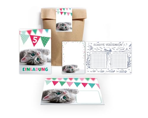 Minkocards 8 Einladungskarten zum 5. Kindergeburtstag Mädchen Jungen Katze Einladungen fünfte Geburtstag Kinder incl. 8 Umschläge, 8 Tüten/natur, 8 Aufkleber, 8 Blöcke, 8 Schiffe versenken von Minkocards