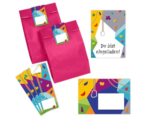 Minkocards 8 Einladungskarten zum Kindergeburtstag Klettern Bouldern Mädchen Jungen Einladung Jungsgeburtstag Mädchengeburtstag incl. 8 Umschläge, 8 Partytüten/pink, 8 Aufkleber von Minkocards