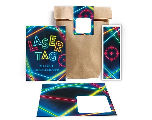 Minkocards 8 Einladungskarten zum Kindergeburtstag Lasertag Laser Tag bunt Mädchen Jungen incl. 8 Umschläge, 8 Partytüten/natur, 8 Aufkleber, 8 Lesezeichen Einladungsset von Minkocards