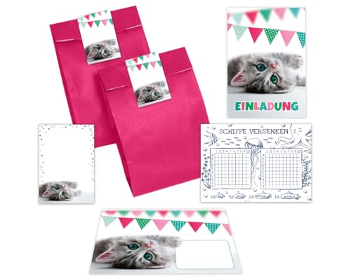 Minkocards 8 Einladungskarten zum Kindergeburtstag Mädchen Jungen Katze Einladungen Geburtstag Kinder incl. 8 Umschläge, 8 Tüten/pink, 8 Aufkleber, 8 Blöcke, 8 Schiffe versenken von Minkocards