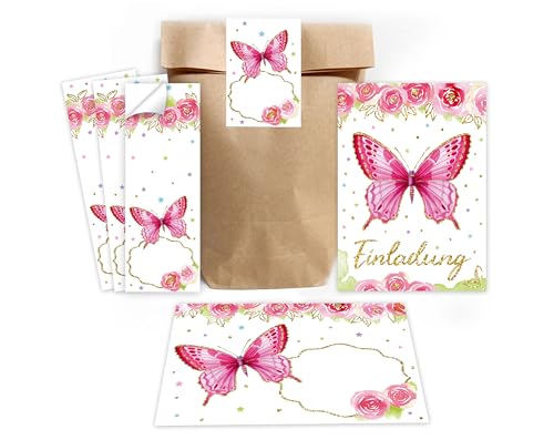 Minkocards 8 Einladungskarten zum Kindergeburtstag Mädchen Schmetterling coole bunte Einladungen Geburtstag Kinder incl. 8 Umschläge, 8 Partytüten/natur, 8 Aufkleber von Minkocards